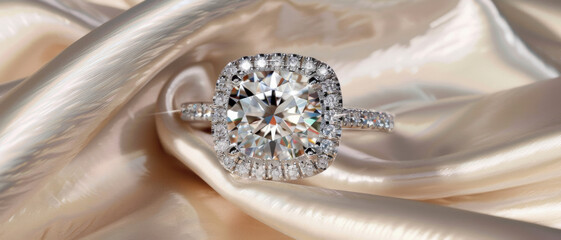 A cushion-cut diamond ring exudes opulence atop golden satin, its facets gleaming with stories untold