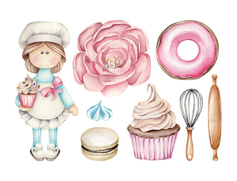 Watercolor pastry collection: cartoon baker, cupcake, macaroon, donut, peony, whisk, rolling pin.Objects isolated on white background.