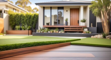 Obraz premium Home with wooden edged artificial grass in the front yard