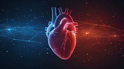 Digital 3D illustration of a human heart with blue digital red and blue cardiac pulse line. on a black background with copy space. Heart health, cardiology, cardiovascular disease concept