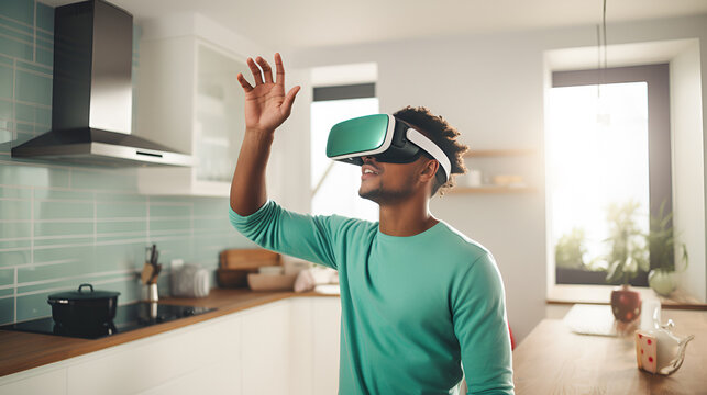 black man in green casual clothes and augmented, virtual reality glasses, gesturing with his hands while standing in a modern kitchen. - Powered by Adobe