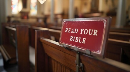 Sign with the text "Read your Bible" in the modern empty church building or room interior with no people inside, wooden bench pew. Religious worship service. Indoors seat rows, Christian congregation
