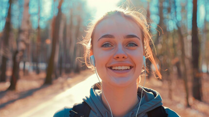 Portrait of a smiling girl in a white T-shirt and headphones while jogging in a green forest.