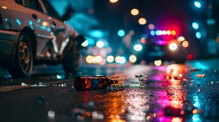 Glass bottles of alcohol drinks on the road, police car with lights on the city street at night. Dangerous collision, driving disaster, transportation incident, drunk man