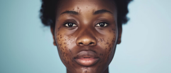 A young individual with a serene expression showcases natural beauty amid skin imperfections