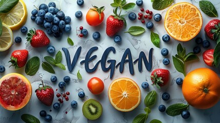 VEGAN text surrounded by an assortment of vibrant fruits and berries, portraying a fresh and organic vegan diet