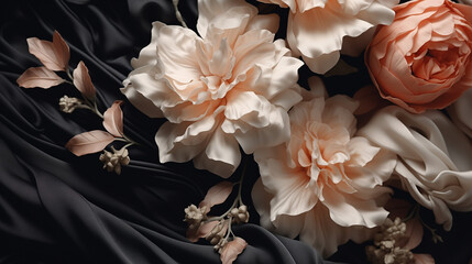 Black silk drapery with flowers. Floral elegant background with fabric and beige peonies flowers for design.