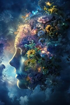 Portrait of mother nature or Gaia at night with floral energy