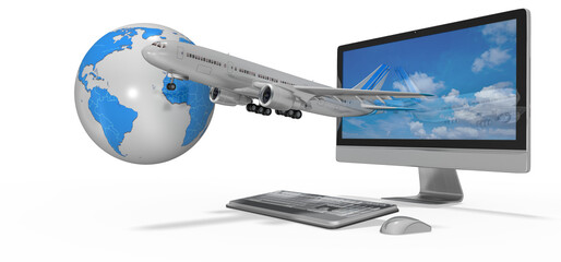 3d Illustration, Passagierflugzeug fliegt und startet aus PC Monitor mit Tastatur und Mouse  am Globus vorbei. Transparenter Hintergrund 