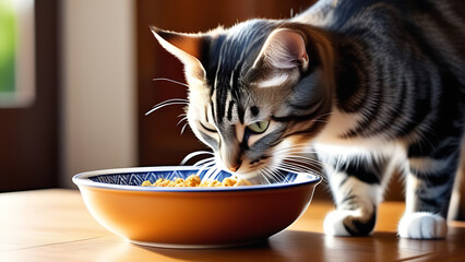 A striped hungry cat stands next to a bowl of food on the table in the kitchen and sniffs
