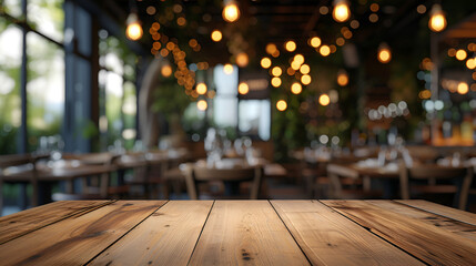 Mockup blank menu frame wooden table blurred restaurant background, Generative Ai

