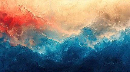 Obraz na płótnie Canvas Vibrant abstract canvas with a fluid transition of colors from light blue and red to deeper shades of blue and beige