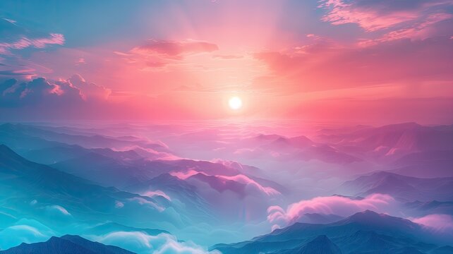 Calm colourful sun over mountain range with soft clouds and purple hues
