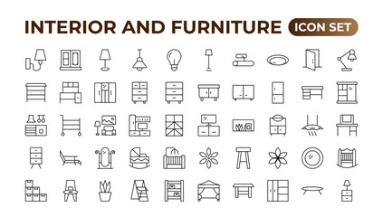 Furniture flat line icons set. Kitchen, bedroom, sofa table, bookcase closet, chair, mattress, lamps, ladder vector illustrations. Outline signs of the house interior. Furniture outline icon.