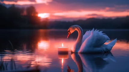 Selbstklebende Fototapeten swan on sunset with a burning candle in water © Shahjahan