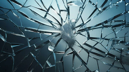 Closeup broken mirror with cracks and fragments