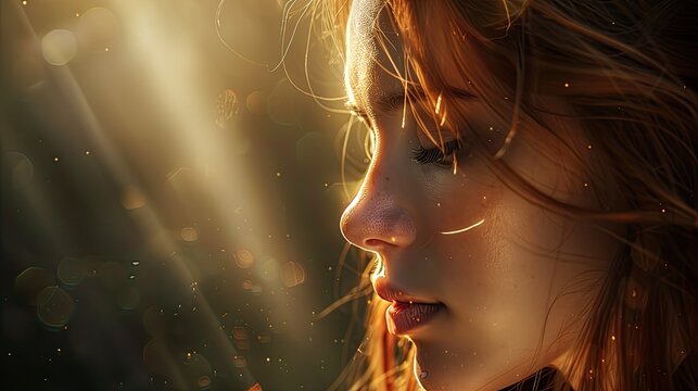 Portrait of a young woman, eyes close, in deep thought, strong depth of field, sunlight behind and bokeh dust particles