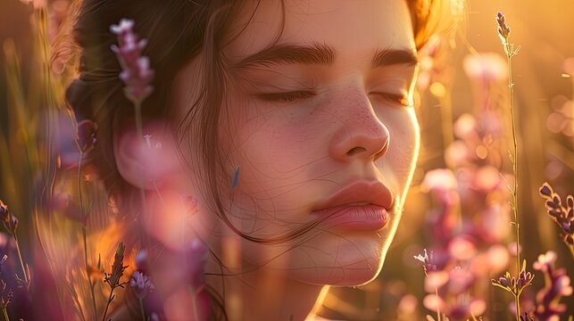 Young woman with eyes closed in a field of wild flowers at sunset