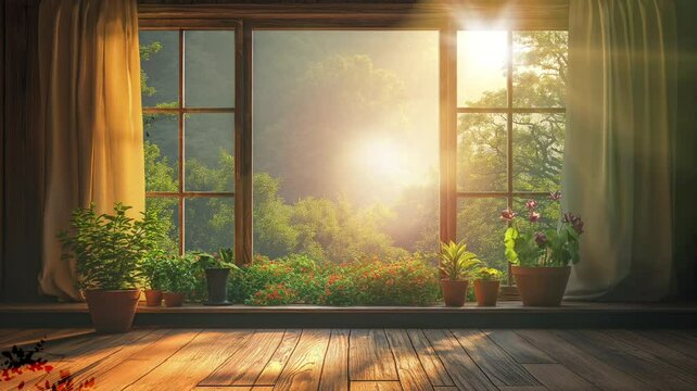 A wooden window frames a captivating view of trees in the forest, crafting a tranquil and natural tableau. The intricate wood grains contribute a sense of warmth ,seamless time lapse