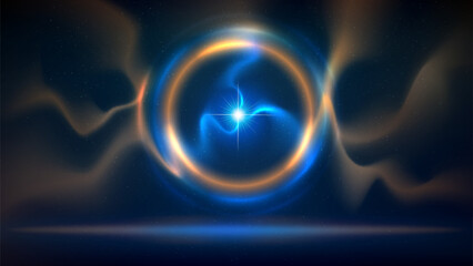 Golden blue circular lighting background, electric arc, plasma, ball lightning. Golden ring glow. Glowing gold circle. Stage backdrop. Illuminated stage. Background for displaying products. Vector