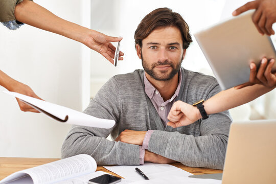 Busy, businessman and portrait with tasks in hands at office with schedule, agenda or overwhelmed by responsibility. Calm, manager and cope with stress at work with help of people to multitask
