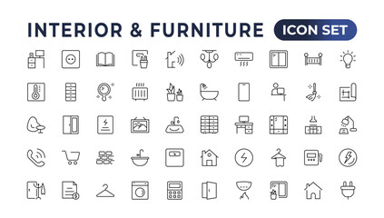 Furniture flat line icons set. Kitchen, bedroom, sofa table, bookcase closet, chair, mattress, lamps, ladder vector illustrations. Outline signs of the house interior. Furniture outline icon.