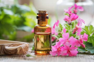 Geranium oil in glass dark bottles. Pelargonium oil.