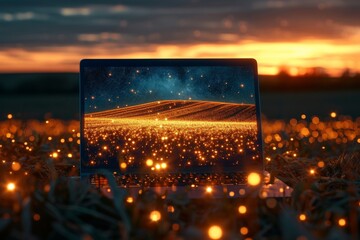 Laptop illuminated with glowing lights in a field at sunset, creating a tranquil and serene atmosphere