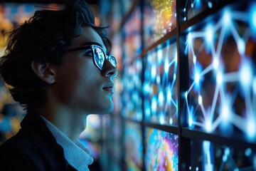 Businessman analyzing data and graphs on futuristic digital screen portrayal of modern technology in business world showcasing professional man engaged in innovative research and communication