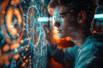 Businessman analyzing data and graphs on futuristic digital screen portrayal of modern technology in business world showcasing professional man engaged in innovative research and communication