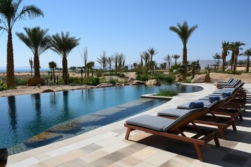 modern paradise infiniate pool with perfect comfortable sun loungers