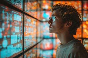 Businessman analyzing data and graphs on futuristic digital screen portrayal of modern technology in business world showcasing professional man engaged in innovative research and communication