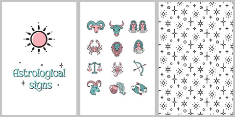 Astrological background set. Collection of zodiac signs. Seamless pattern with stars  on white. Zodiac constellations.  Vector illustration.