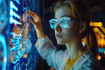 Businessman analyzing data and graphs on futuristic digital screen portrayal of modern technology in business world showcasing professional man engaged in innovative research and communication