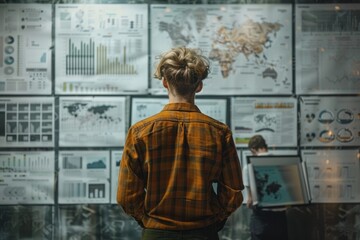 Businessman analyzing data and graphs on futuristic digital screen portrayal of modern technology in business world showcasing professional man engaged in innovative research and communication
