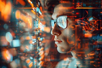 Businessman analyzing data and graphs on futuristic digital screen portrayal of modern technology in business world showcasing professional man engaged in innovative research and communication