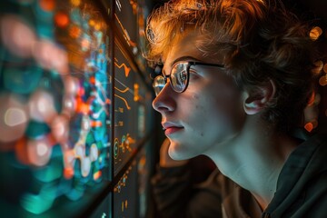 Businessman analyzing data and graphs on futuristic digital screen portrayal of modern technology in business world showcasing professional man engaged in innovative research and communication