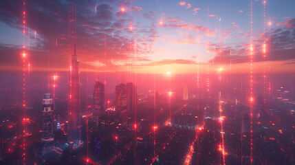 Obraz premium Twilight cityscape with radiant digital connectivity lights. 5G