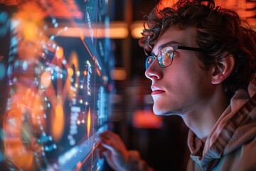 Businessman analyzing data and graphs on futuristic digital screen portrayal of modern technology in business world showcasing professional man engaged in innovative research and communication