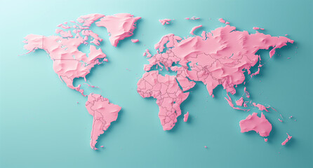 2D pink color world map on blue background.