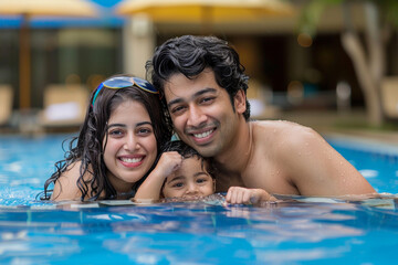 Beautiful family having fun in a swimming pool mother father and son smiling bath. Refreshing Family Time: Cheerful Mother, Father, and Son Enjoying Sunny Day in Vibrant Pool Setting. Happy Parents. - Powered by Adobe