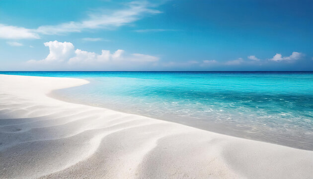 Pristine white sandy beach meets tranquil turquoise ocean under a serene blue sky