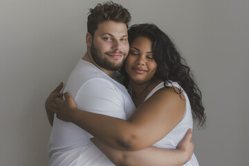A couple in love embraces tenderly, showcasing a diverse representation of beauty with a muscular man and a plus-size woman. 
