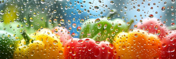 Colorful fresh bell peppers with water drops   green, red, and yellow vegetables backdrop.