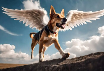 german shepherd dog on sky with angel wings, pets funny animals - obrazy, fototapety, plakaty