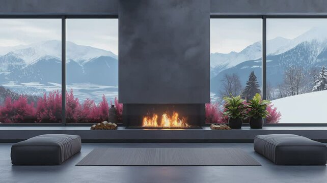 indoor fireplace at home,in front view of classic living room interior of the window
