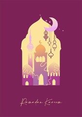 Ready-to-print poster (card) on the theme of Ramadan celebrations in deep, rich colors. Arabic motifs on a colored background are suitable for posters, cards, branding, printing and DIY