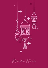 Fototapeta na wymiar Ready-to-print poster (card) on the theme of Ramadan celebrations in deep, rich colors. Arabic motifs depicted in linear silhouettes on a colored background are suitable for posters, cards, branding,