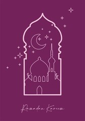 Ready-to-print poster (card) on the theme of Ramadan celebrations in deep, rich colors. Arabic motifs depicted in linear silhouettes on a colored background are suitable for posters, cards, branding,