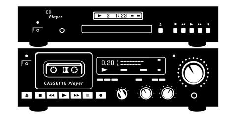 Audio Cassette Player and CD Player Silhouettes. Vintage analog audio equipment. Vector cliparts isolated on white.